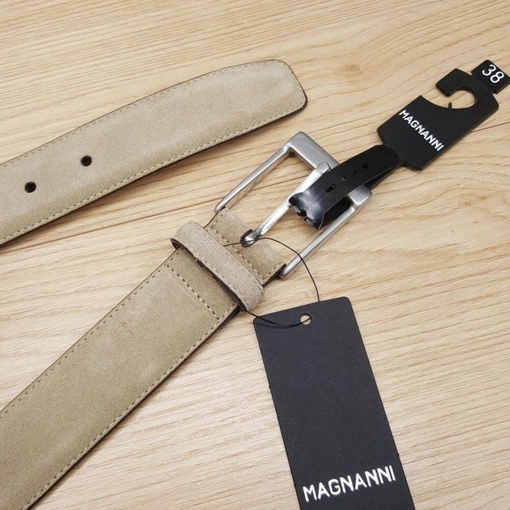 MAGNANNI Belt Mens Size 38 Tan Suede Leather Silver Buckle TELANTE Cream $150